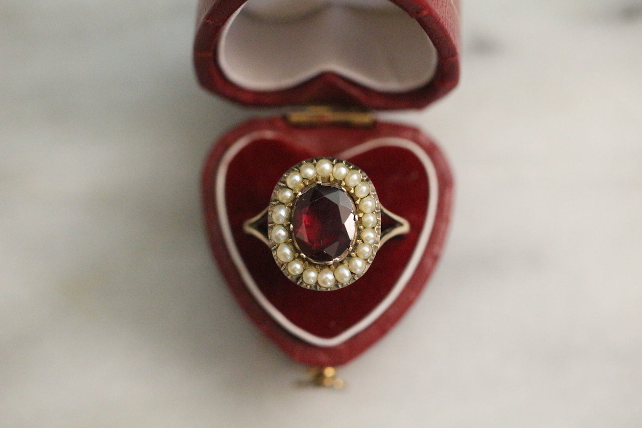 Antique Victorian 9ct Gold Garnet & Pearl Cluster ”Halo” Ring