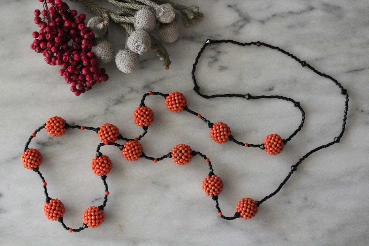 Antique 1930s Art Deco Natural Coral Beads & French Jet Flapper