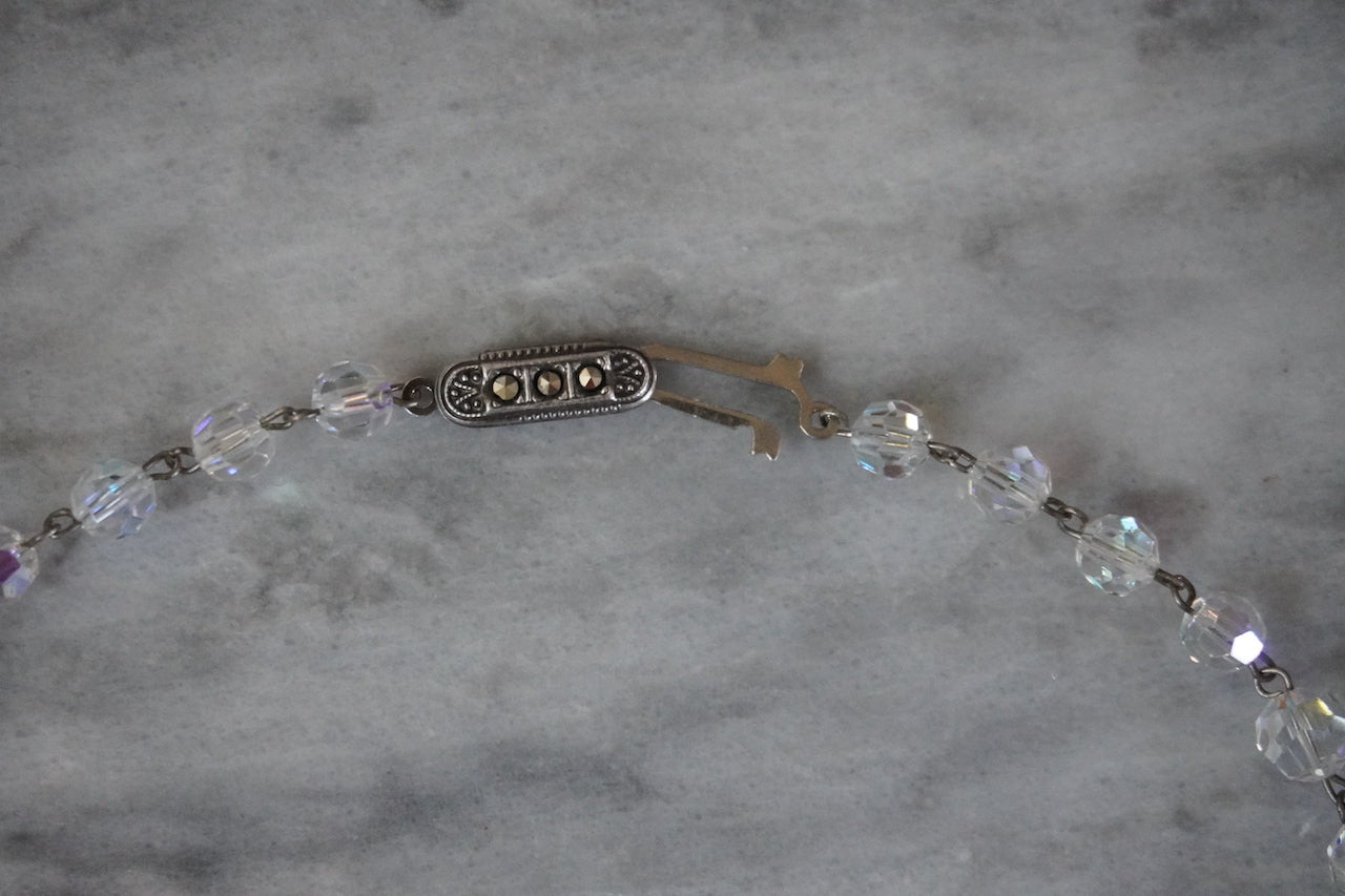 Vintage cut crystal bead necklace on wire with silver and Marcasite clasp