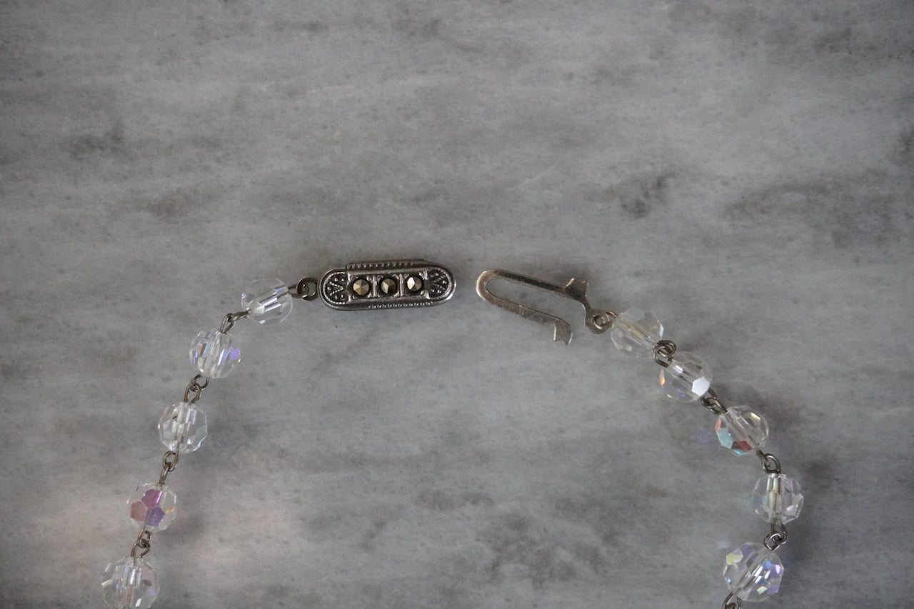 Vintage cut crystal bead necklace on wire with silver and Marcasite clasp