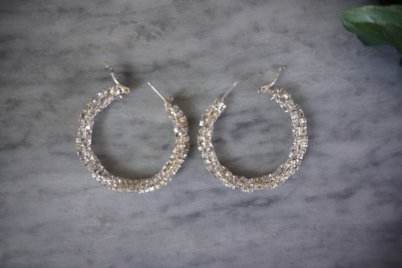 Vintage silver tone hoop earrings set with tiny crystals
