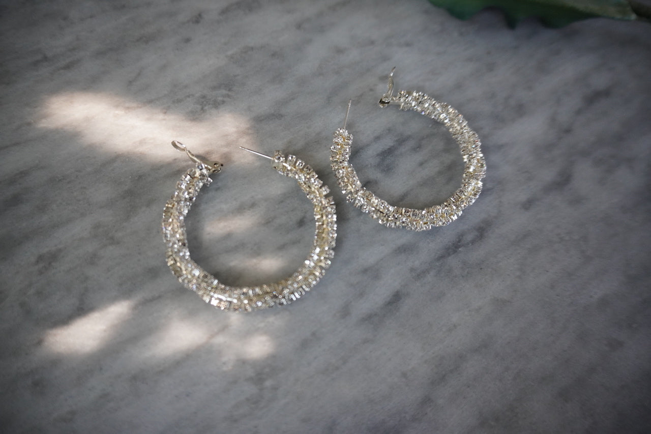 Vintage silver tone hoop earrings set with tiny crystals