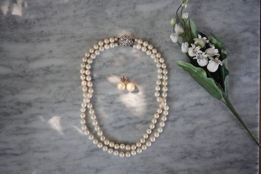 Vintage faux pearl double strand necklace with matching pierced earrings in original box