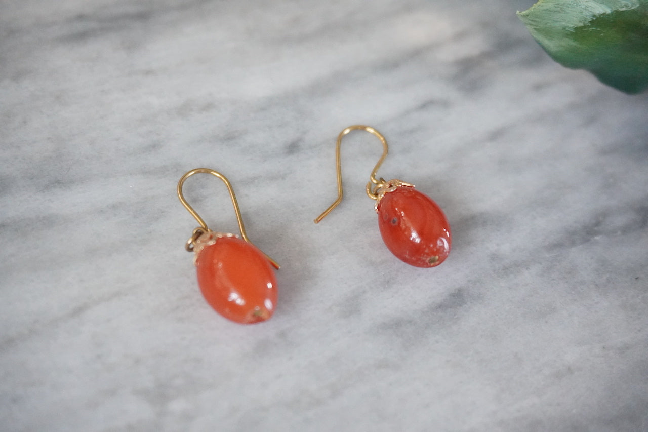 Vintage gold plated drop earrings with carnelian droplet