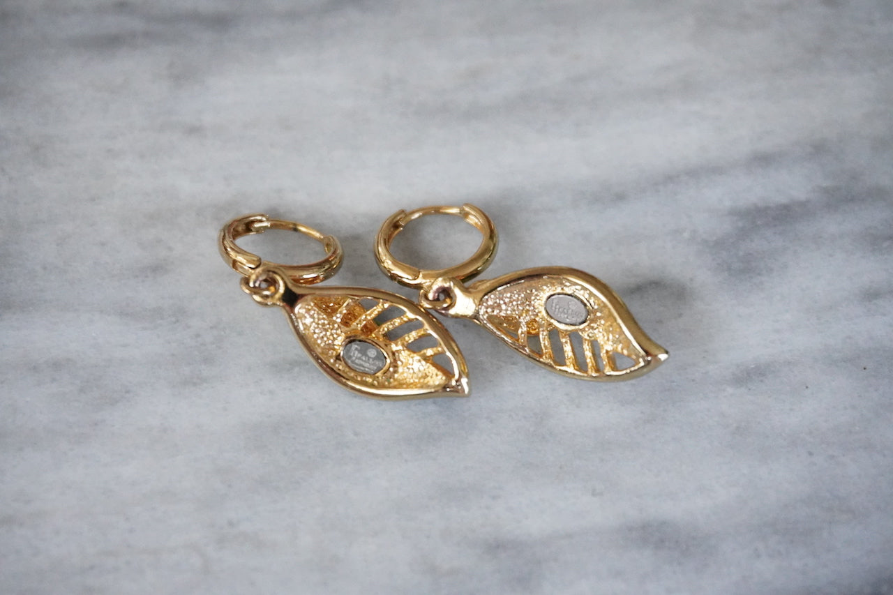 Vintage R J Fallon enamel leaf gold plated earrings