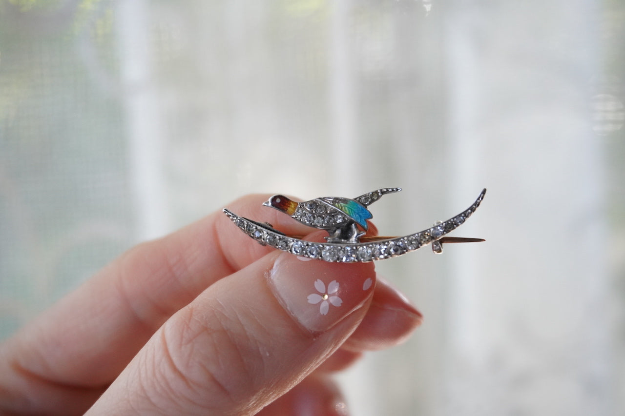 Antique Solid Silver Crescent Moon with an Enamel Bird Brooch