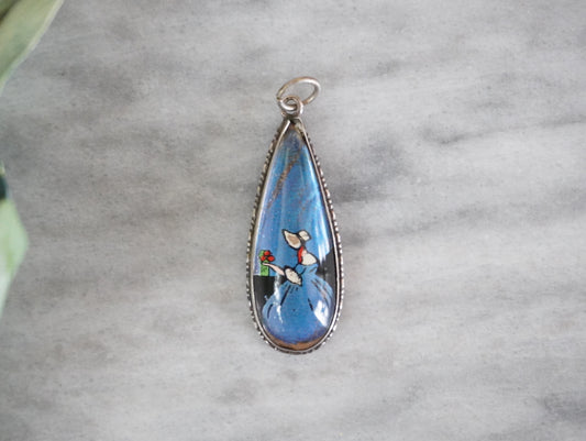 Antique 1920s TLM Victorian Lady Painted Sterling Silver Morpho Butterfly Wing Pendant