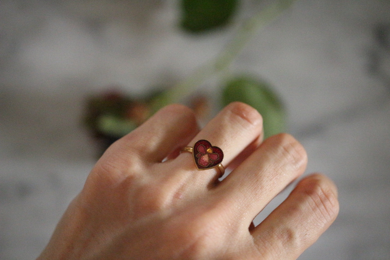 Vintage Enameled Red Orchid Heart Ring