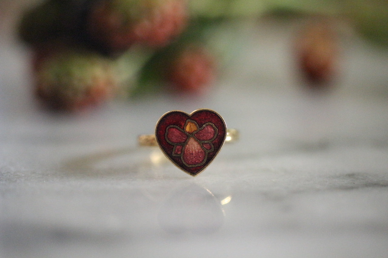 Vintage Enameled Red Orchid Heart Ring