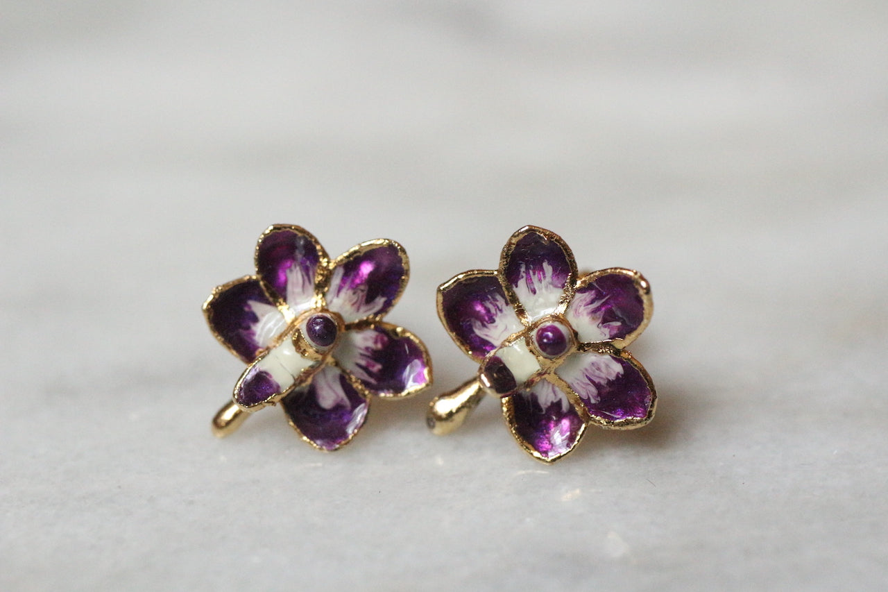 復古 1980 年代金色紫色琺瑯蓮花耳環