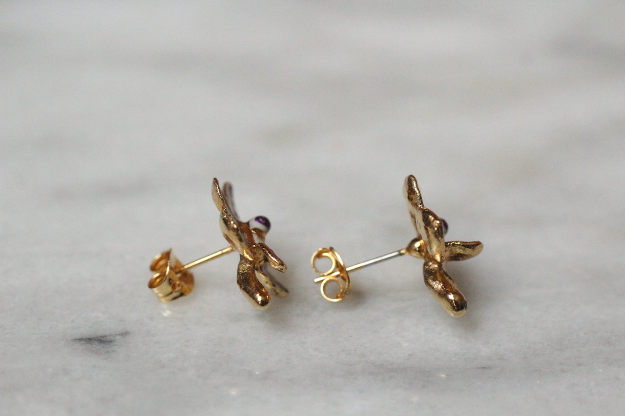 Vintage 1980s Gold Tone Purple Enamel Lotus Flower Earrings