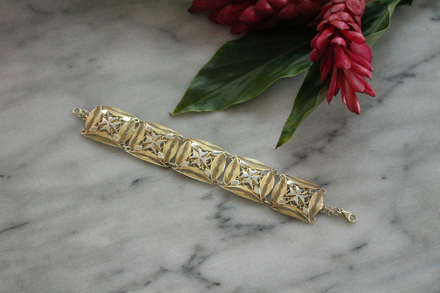 復古 1970 年代鍍金銀色馬耳他十字花絲手鍊