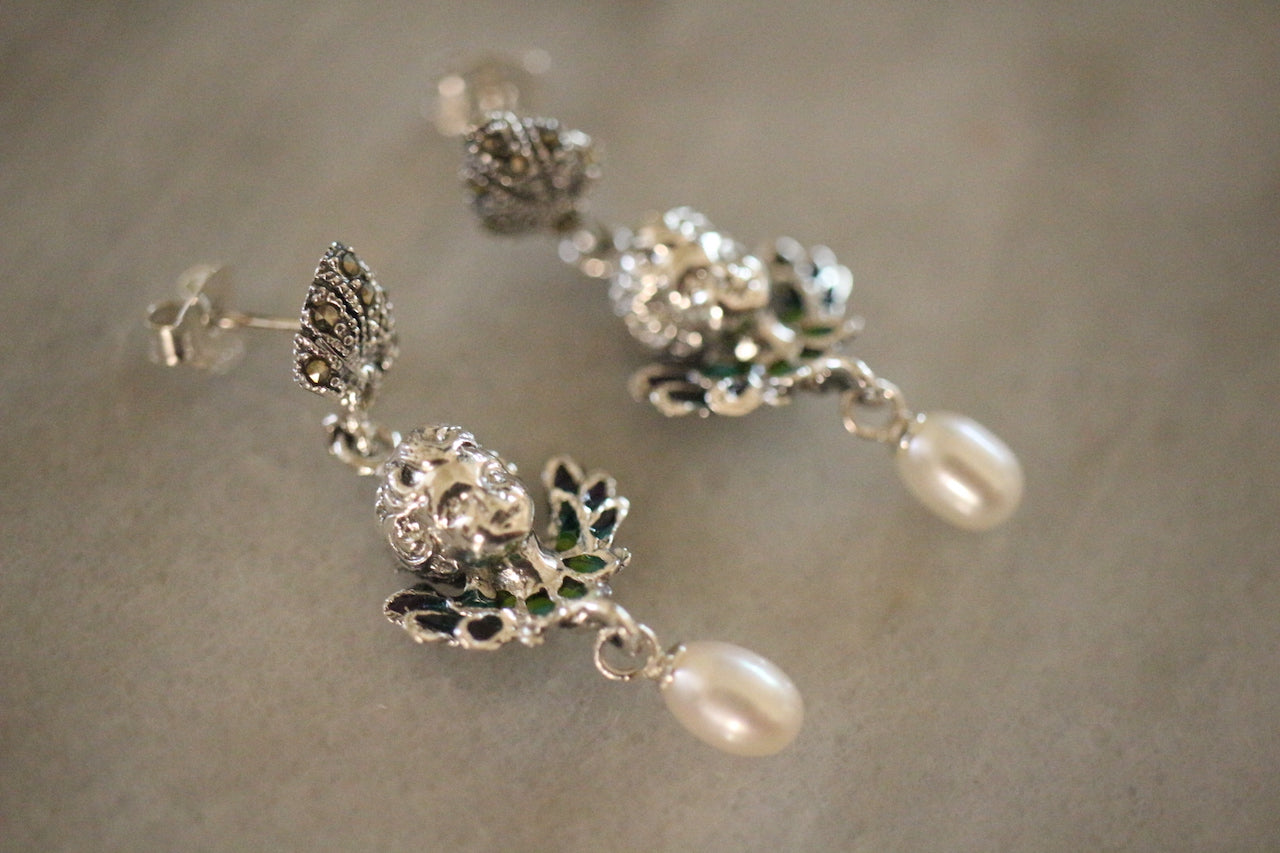Retro Sterling Silver Plique a Jour Cherub with Cultured Pearl Hanging Earrings