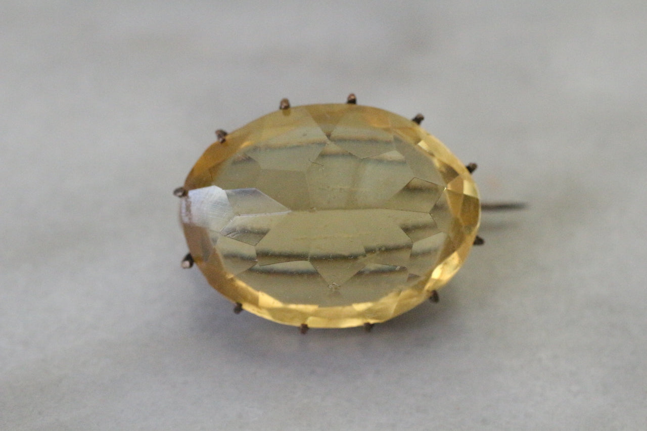 Antique Victorian Yellow Citrine Glass Faceted Oval Brooch Pin