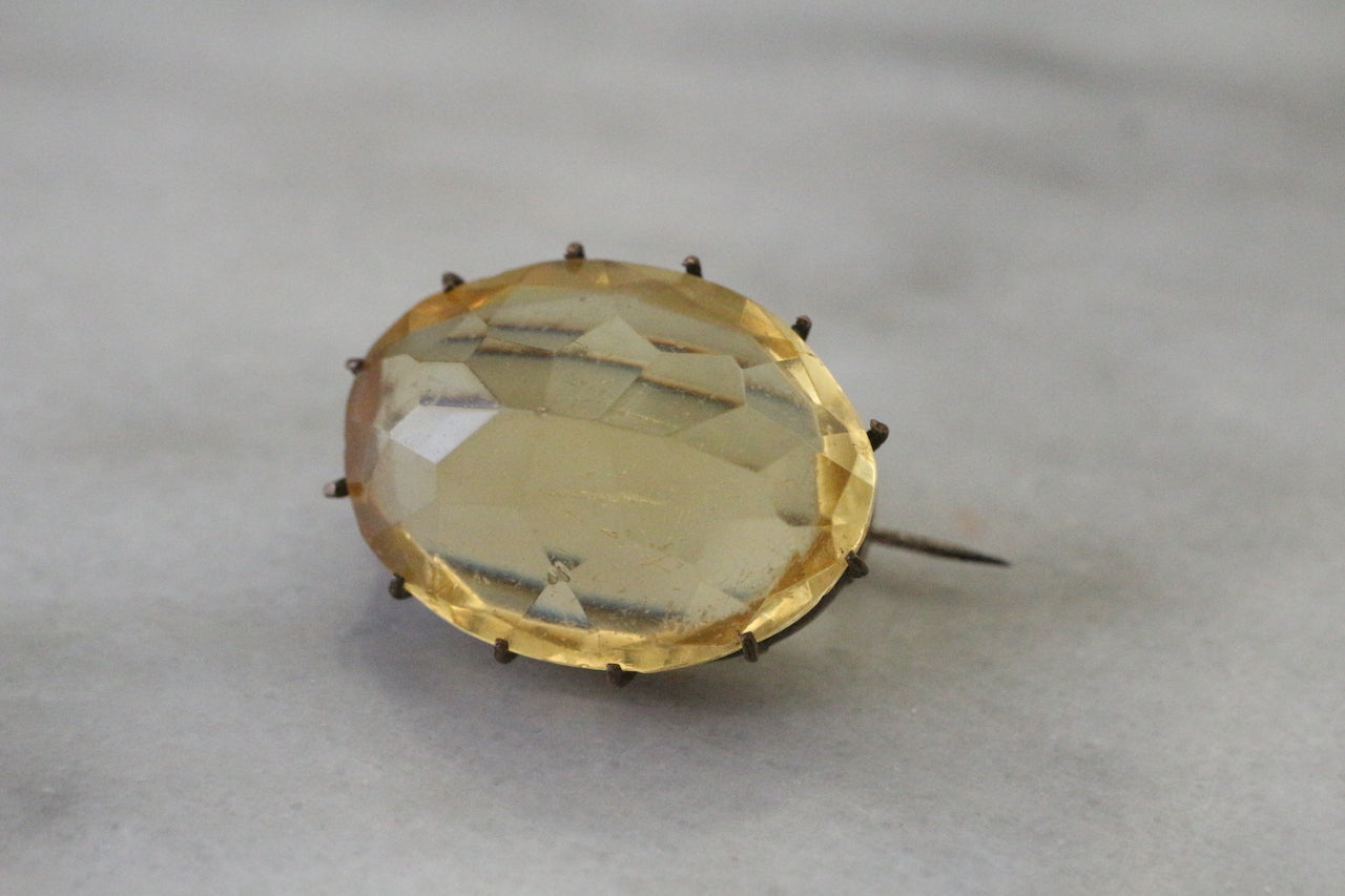 Antique Victorian Yellow Citrine Glass Faceted Oval Brooch Pin