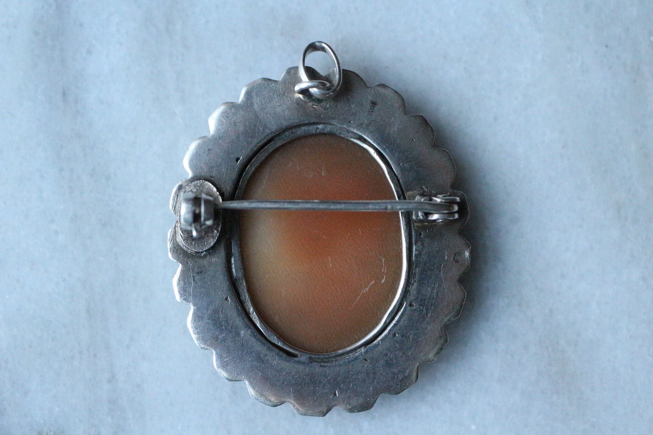Antique 1920s Solid Silver Italian Hand Carved Genuine Shell Cameo Brooch/Pendant