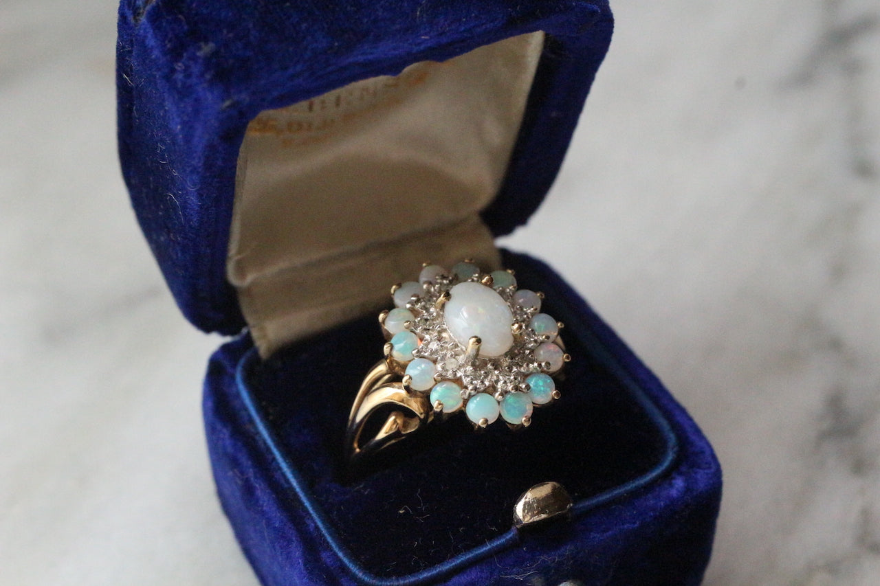 Vintage English 9ct Gold Opal & Diamond Cluster Ring. – Anna's