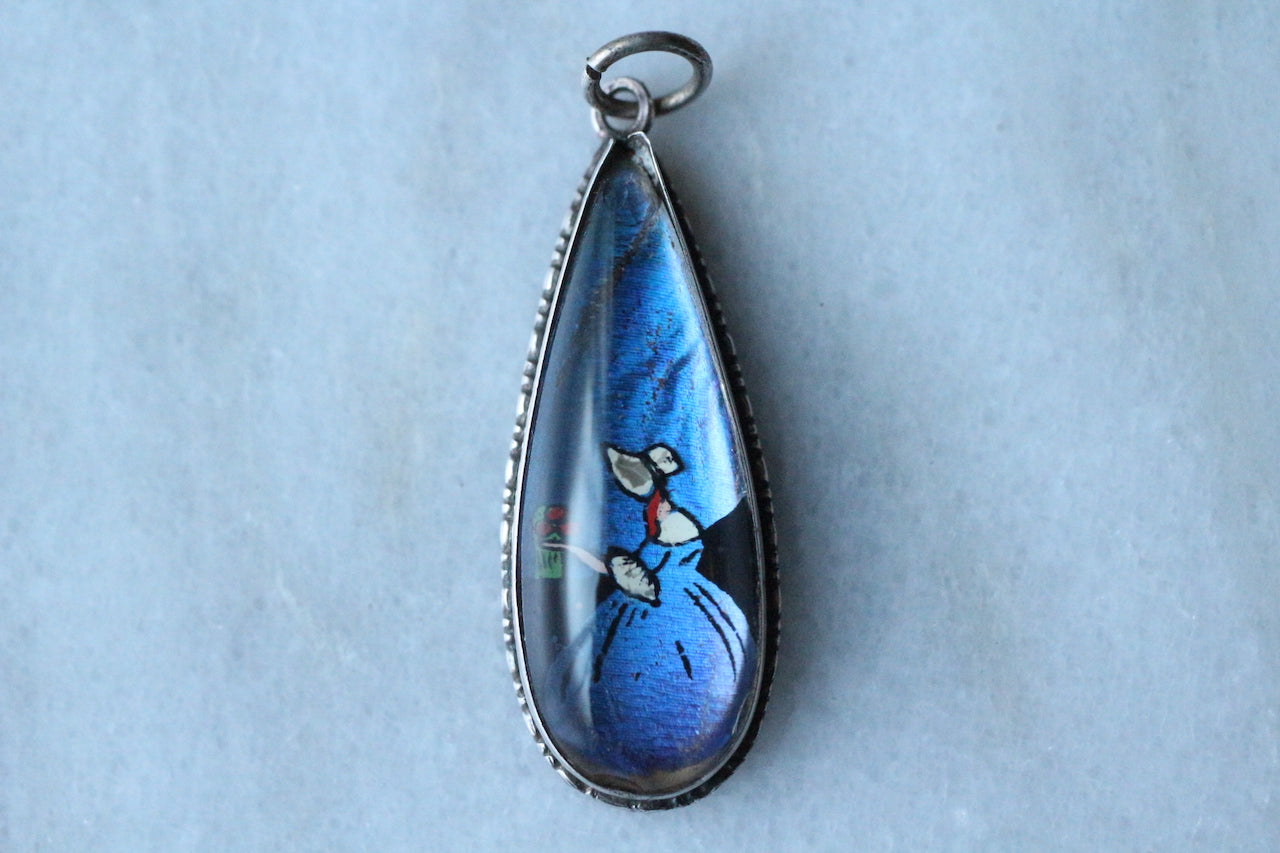 Antique 1920s TLM Victorian Lady Painted Sterling Silver Morpho Butterfly Wing Pendant