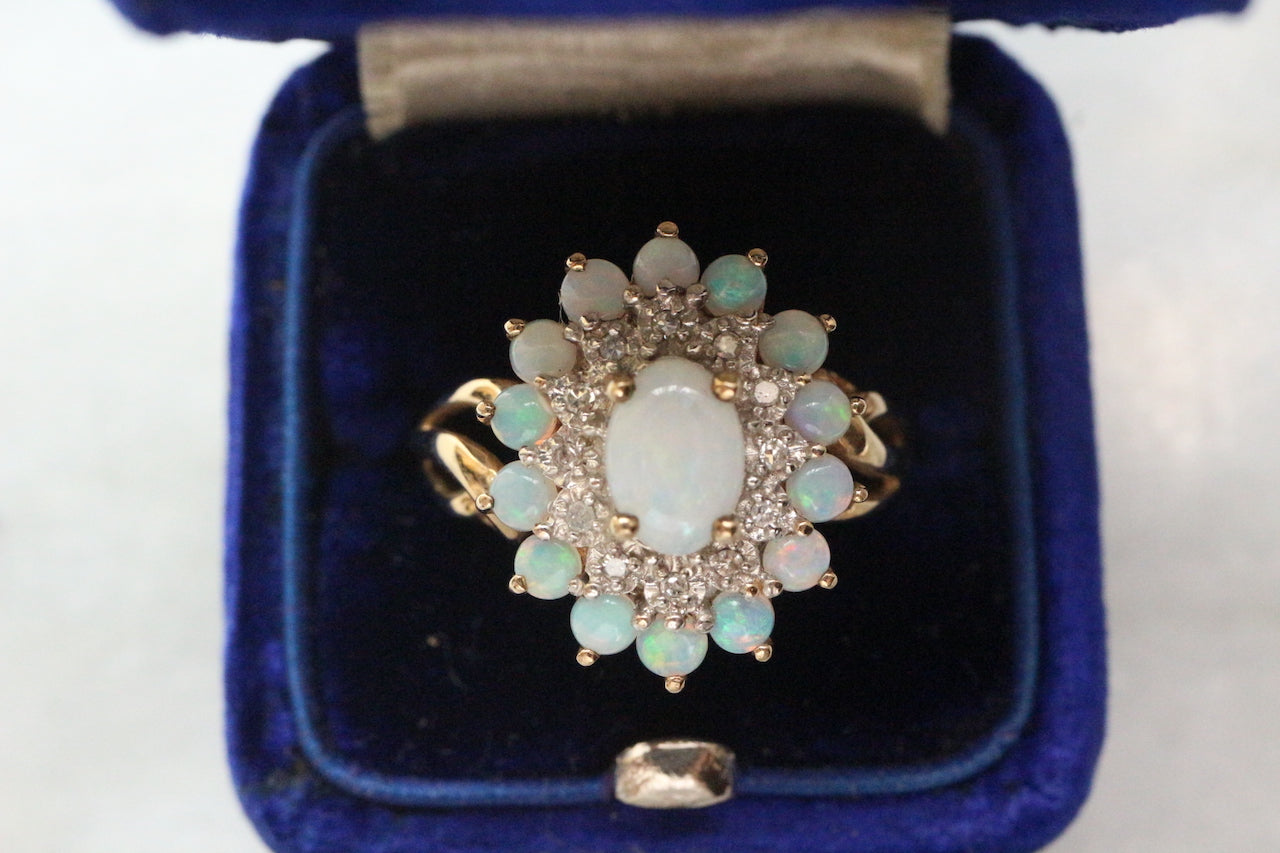 Vintage English 9ct Gold Opal & Diamond Cluster Ring.