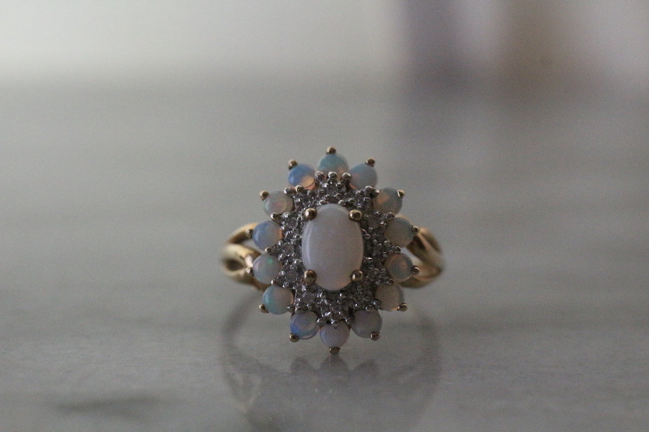 Vintage English 9ct Gold Opal & Diamond Cluster Ring.