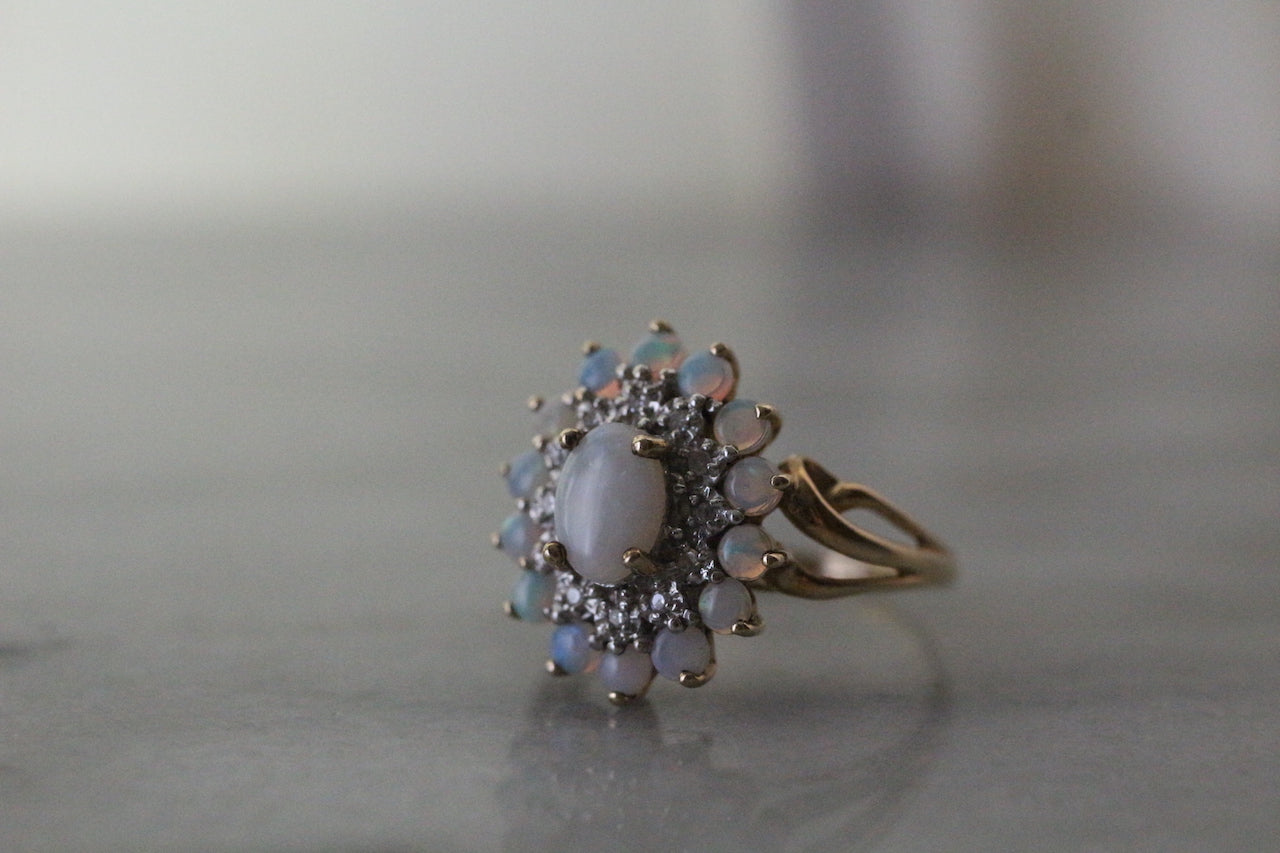 Vintage English 9ct Gold Opal & Diamond Cluster Ring. – Anna's