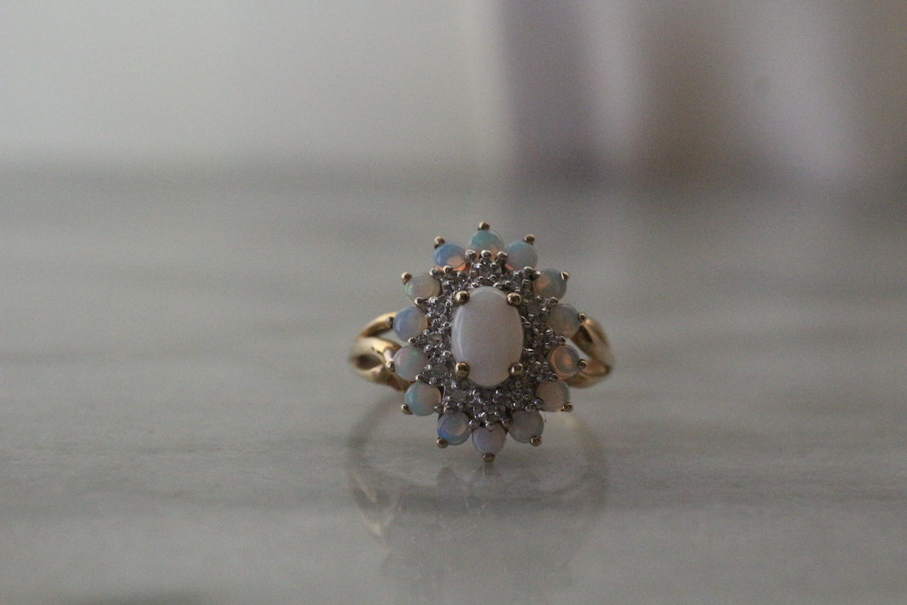 Vintage English 9ct Gold Opal & Diamond Cluster Ring. – Anna's