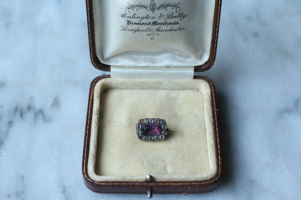 Antique Early Victorian 9ct Gold Amethyst Diamond Paste Brooch