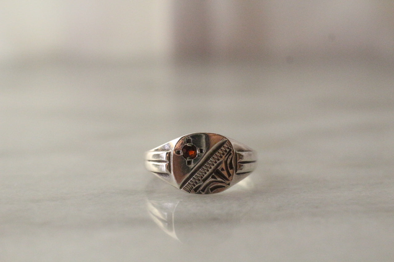Vintage Sterling Silver Signet Style Ring With Garnet