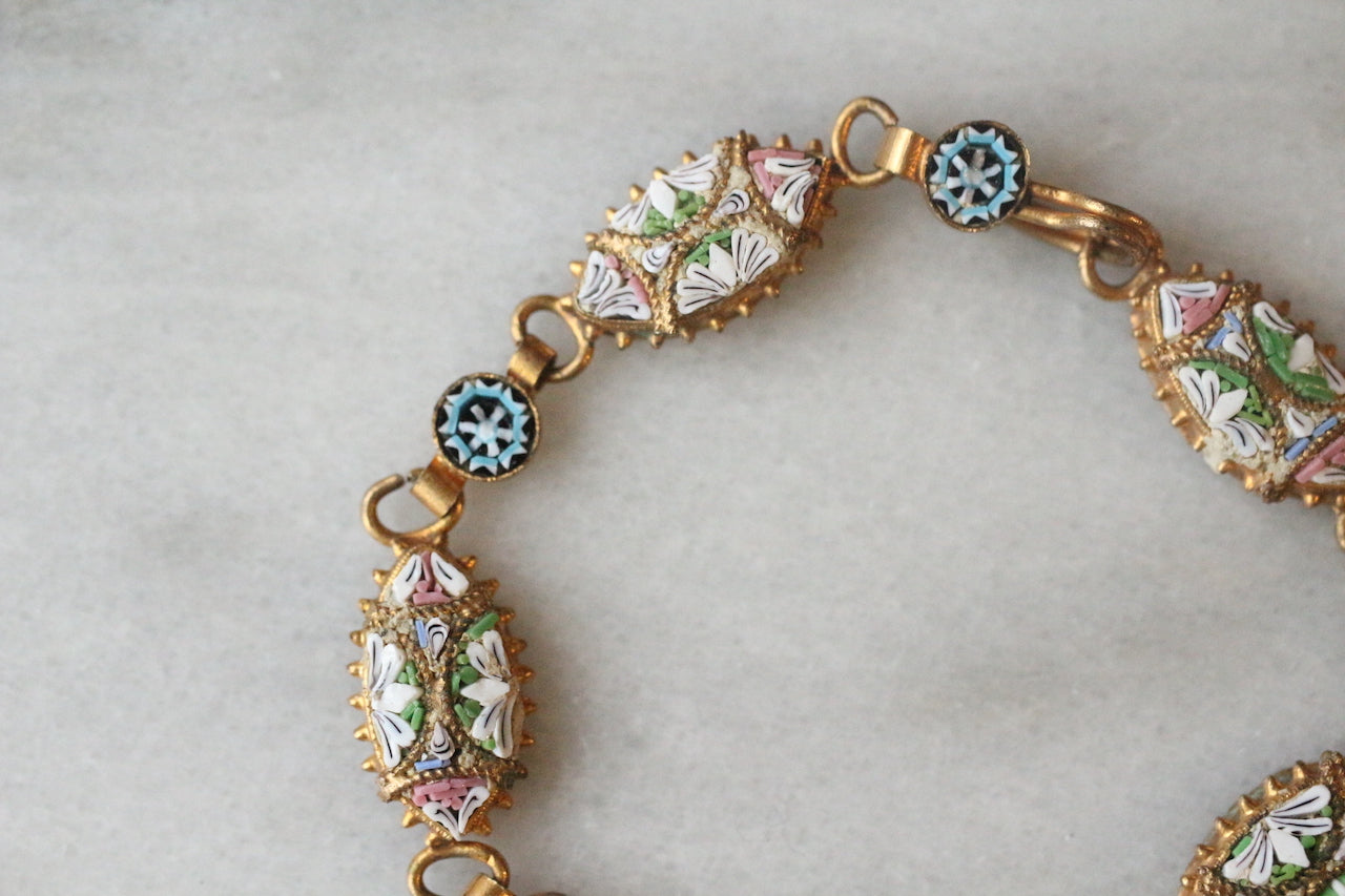 Antique Victorian Micro Mosaic Gold Brass Bracelet