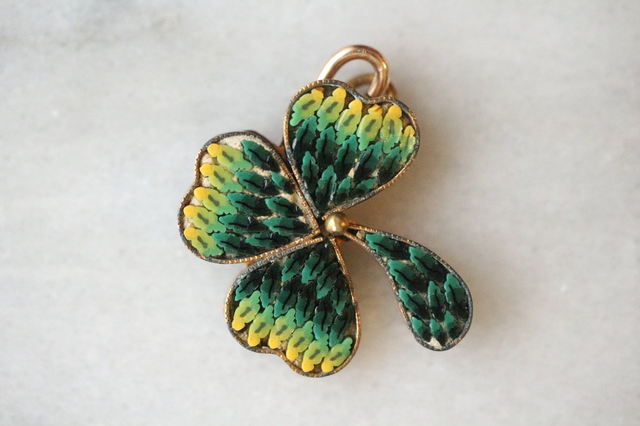 Antique Micro Mosaic Clover Lucky Charm Brass Pendant