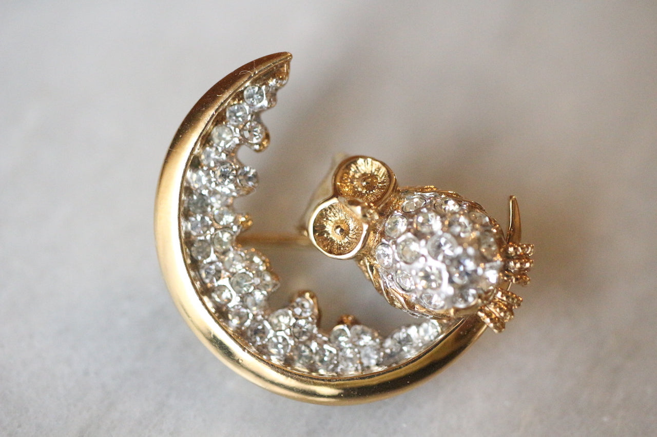 Vintage Attwood & Sawyer 22kt Gold Plated and Swarovski Crystal Owl and the Moon Brooch