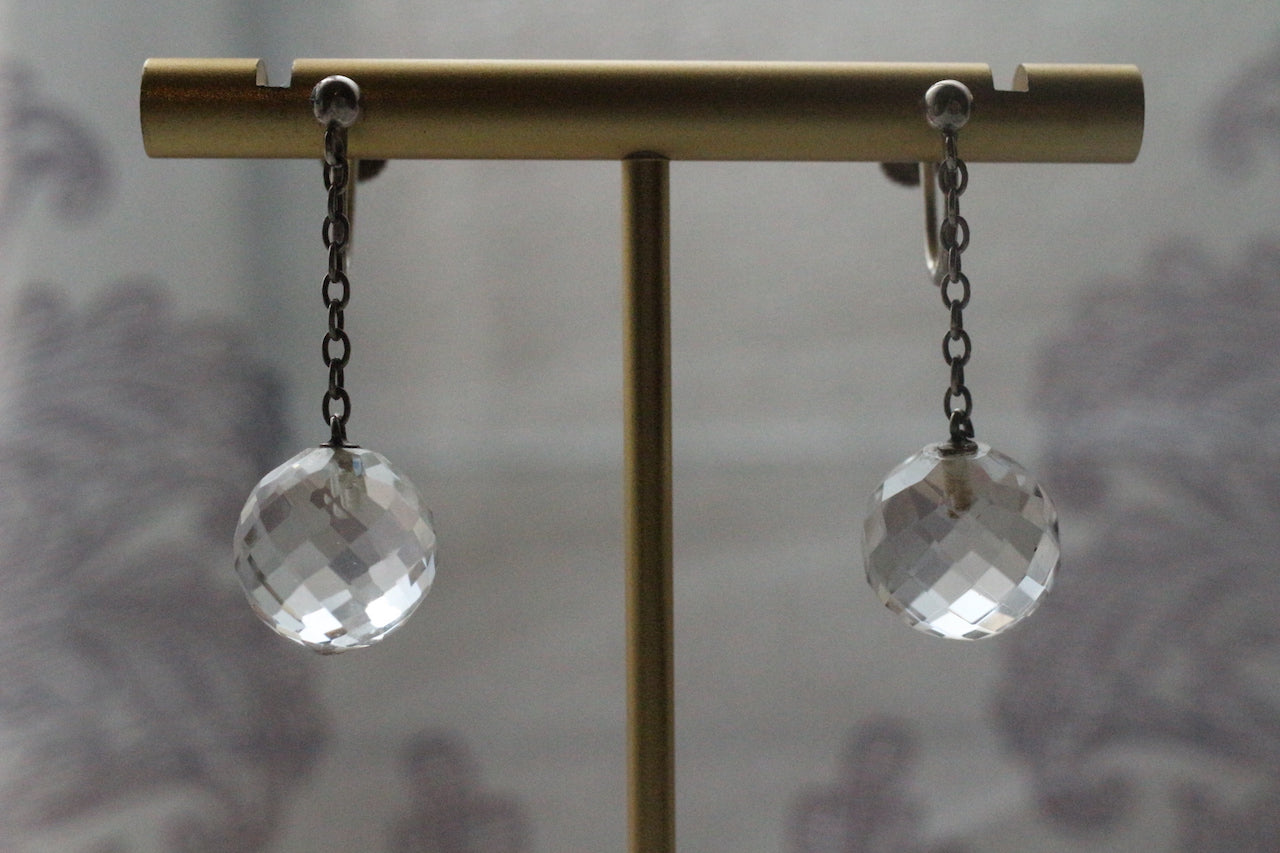 Antique 1920s Art Deco Hand Faceted Crystal Orb Drop Earrings