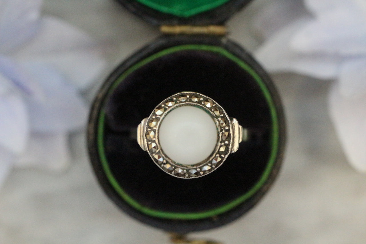 Vintage Art Deco Danish 800 silver Milk glass and Marcasite ring