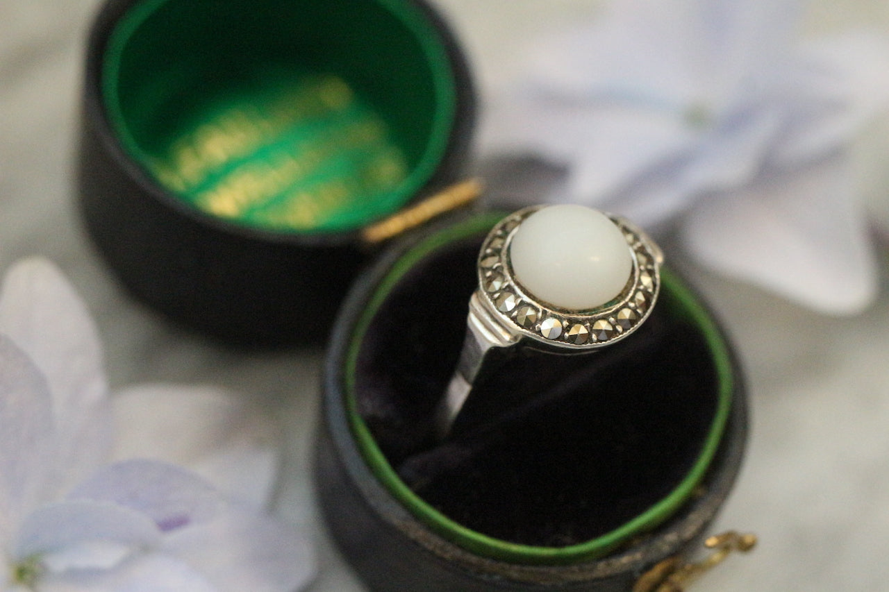 Vintage Art Deco Danish 800 silver Milk glass and Marcasite ring