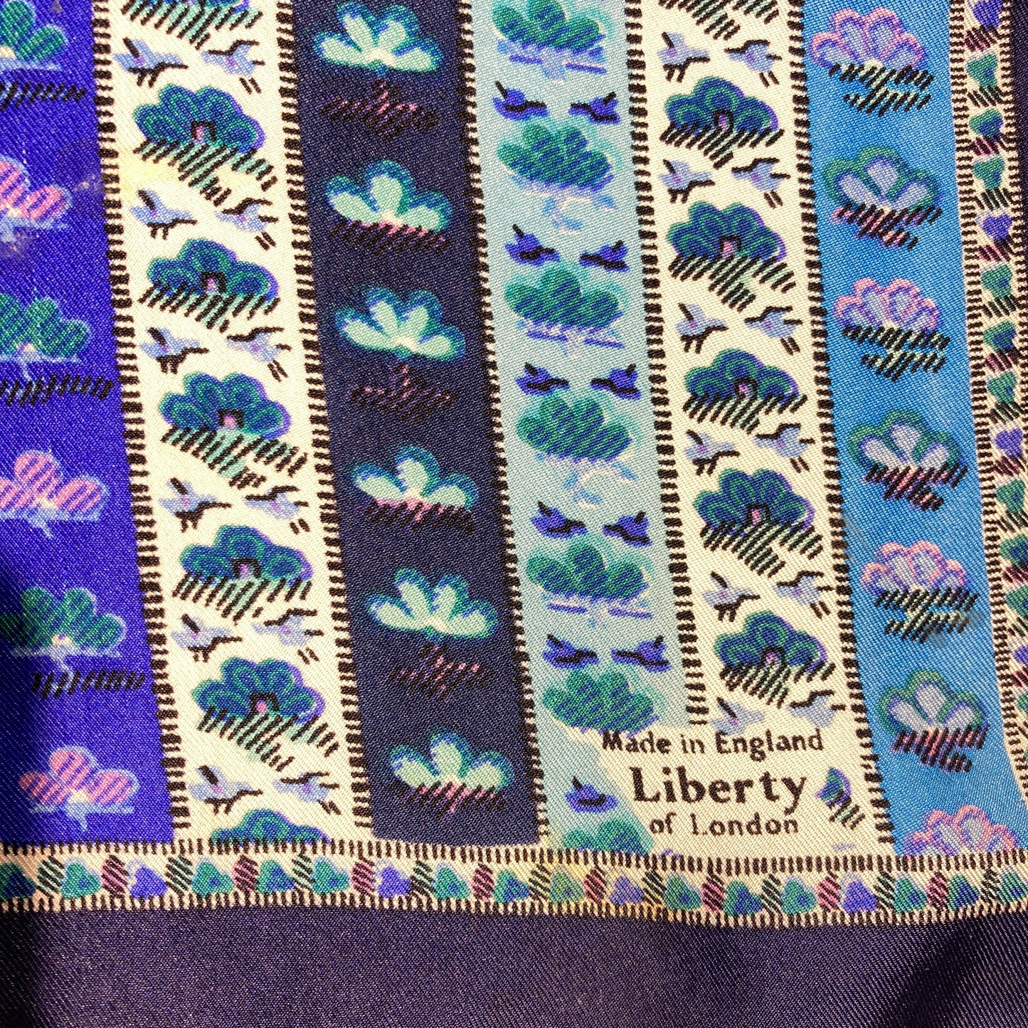 Vintage Liberty of London  Navy Blue Flowers and Birds Striped Scarf Silk Twill