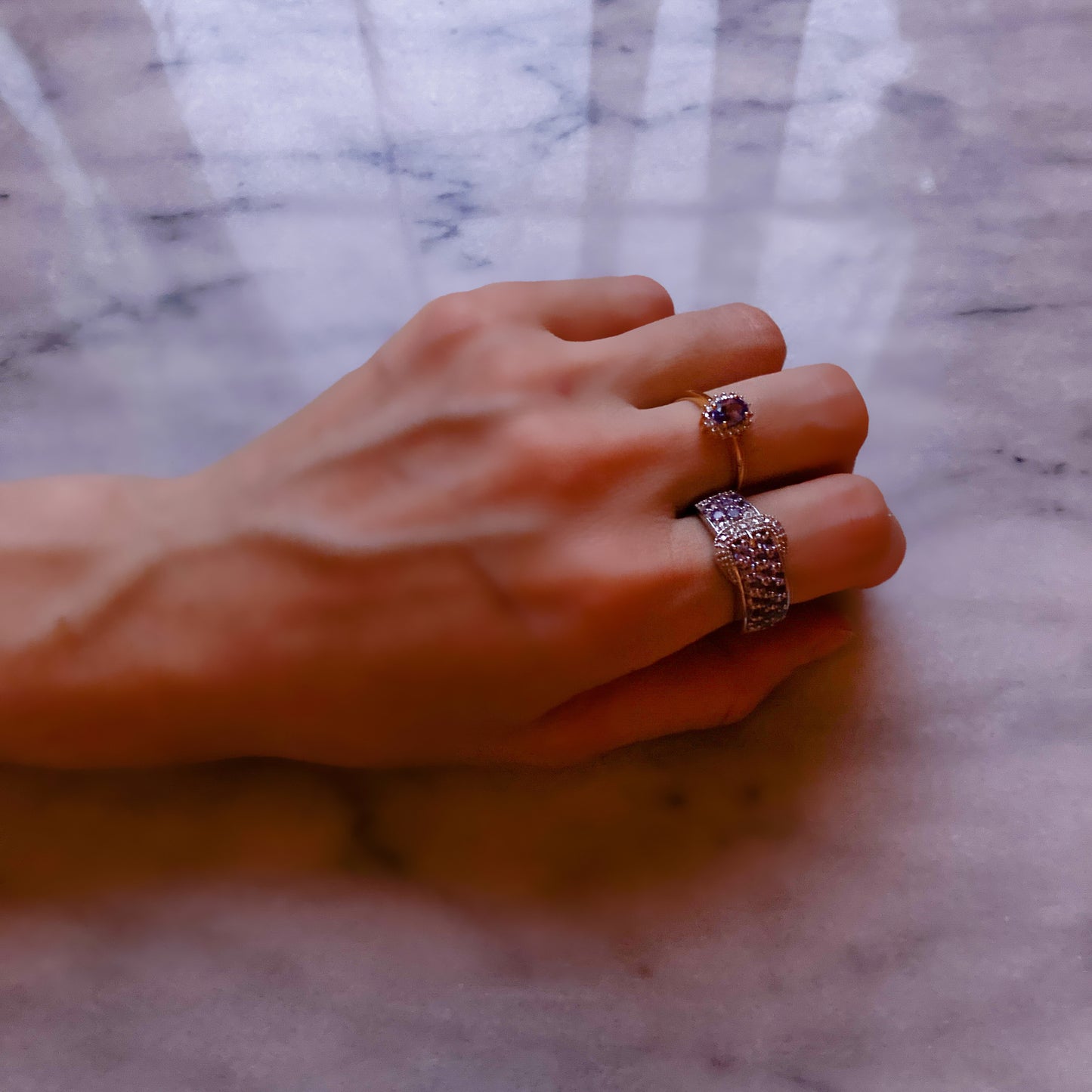 全新純銀坦桑石和小鑽石扣戒指