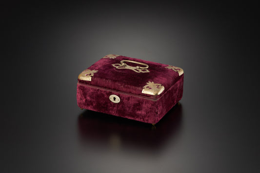 古董法國勃艮第天鵝絨鈕扣真絲內飾首飾盒