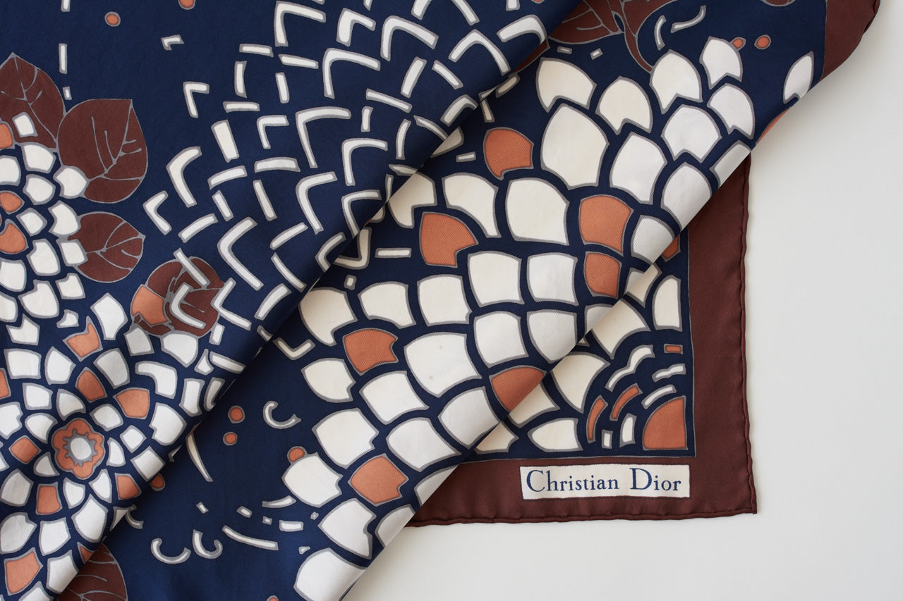 ヴィンテージ・Christian Dior・ネイビー・フローラル・スカーフ・シルク・ツイル