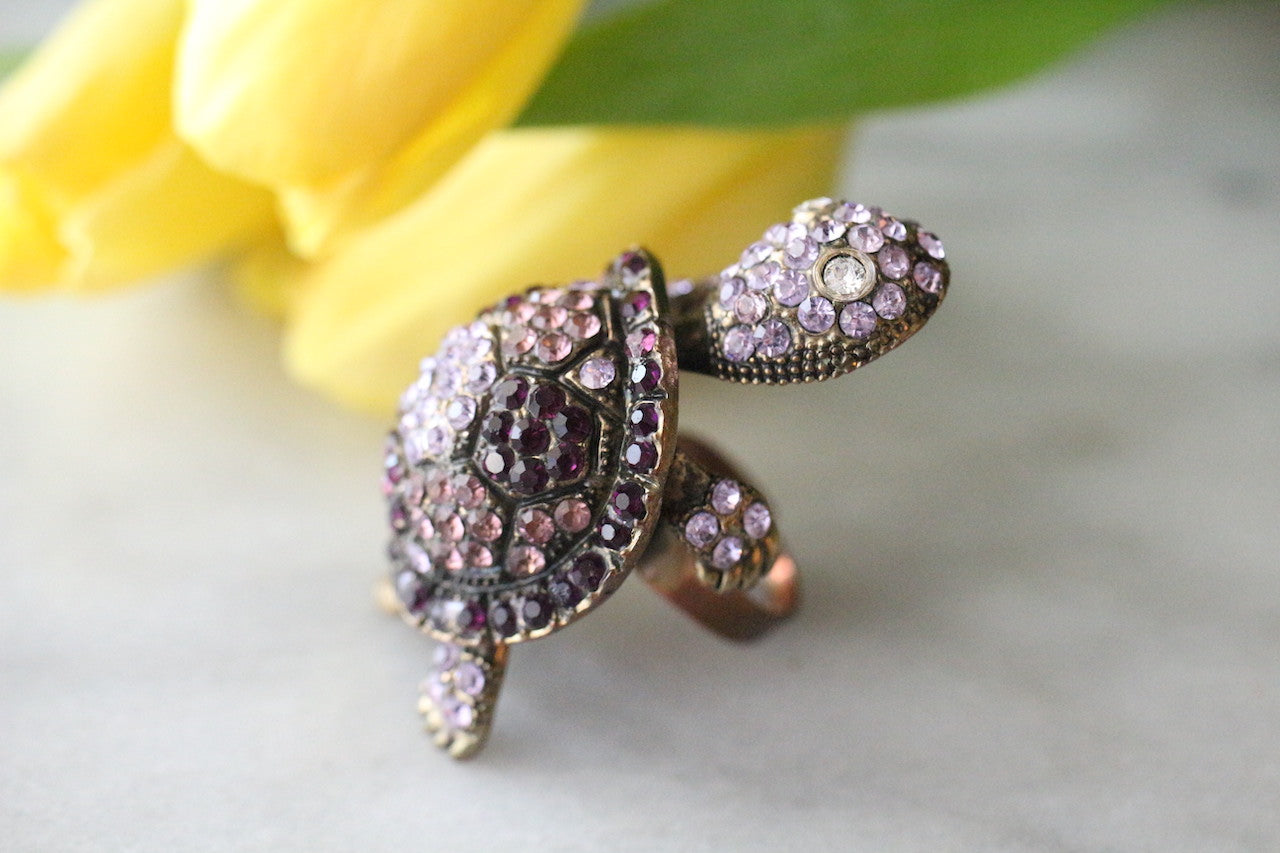 復古 1980 年代令人驚豔的大丁香紫和紫水晶色海龜可調節戒指