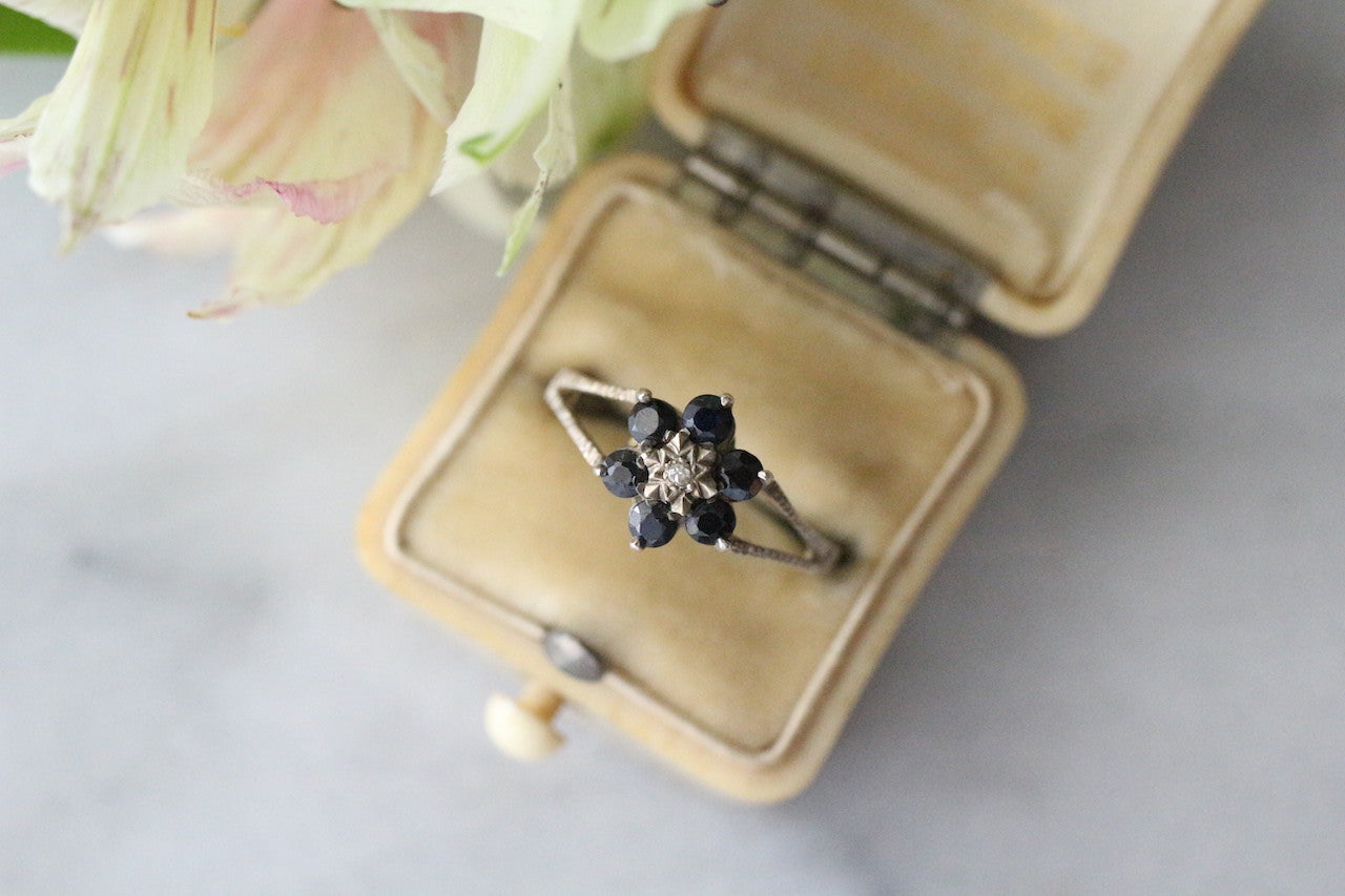 復古 1981 年代純銀鑽石和藍寶石簇狀戒指（全英文印記）