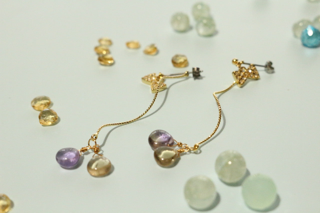 紫黃晶與幸運絲帶弧形長金屬耳環