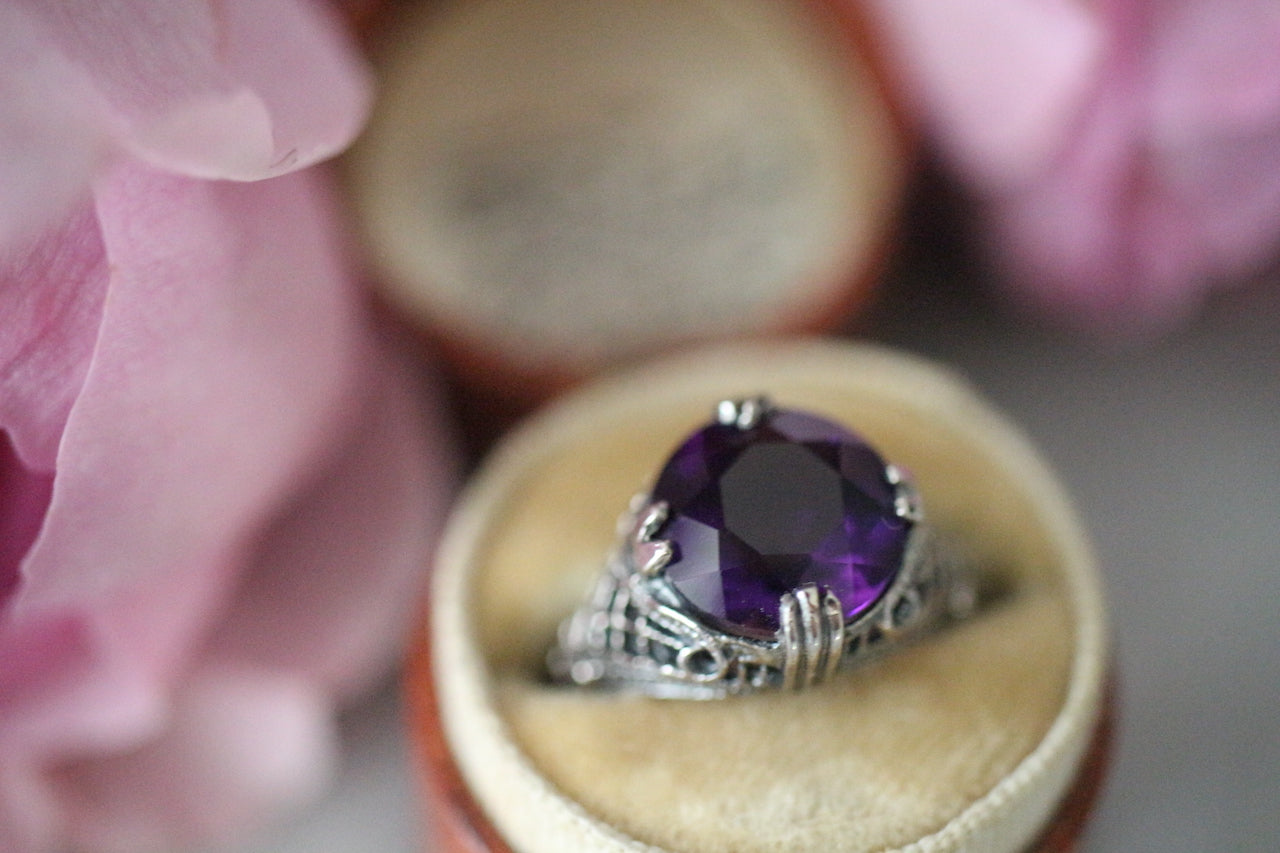 復古純銀天然紫水晶花絲戒指