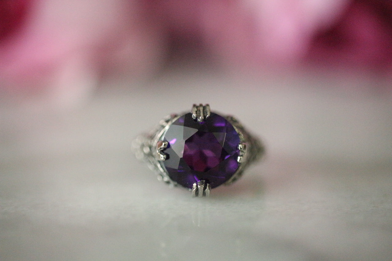 復古純銀天然紫水晶花絲戒指