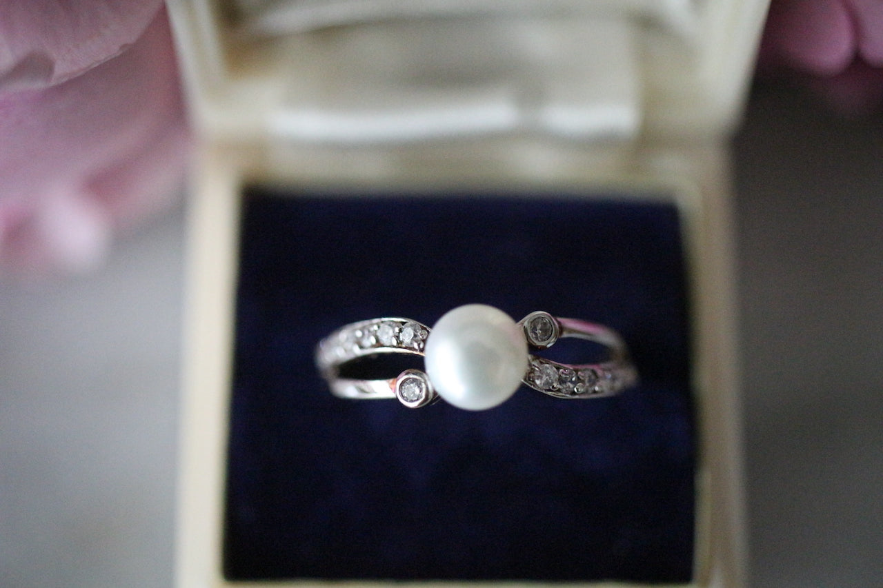 復古純銀天然珍珠和白色托帕石戒指