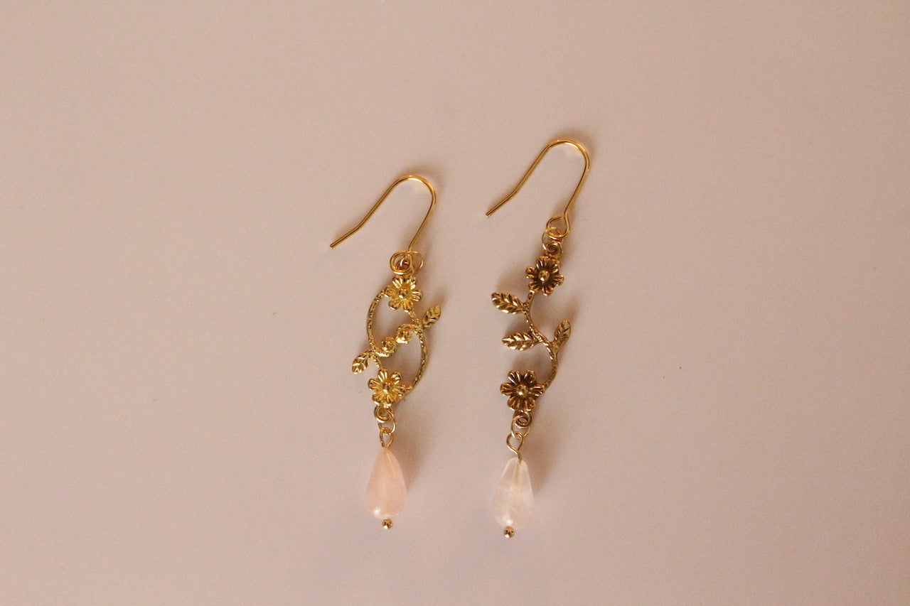 Gold Flowers &amp; Rose Quartz Teardrop Earring