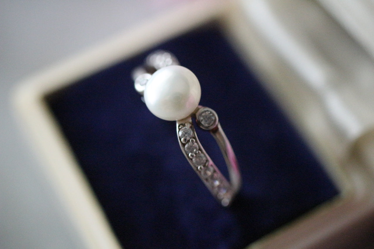 復古純銀天然珍珠和白色托帕石戒指