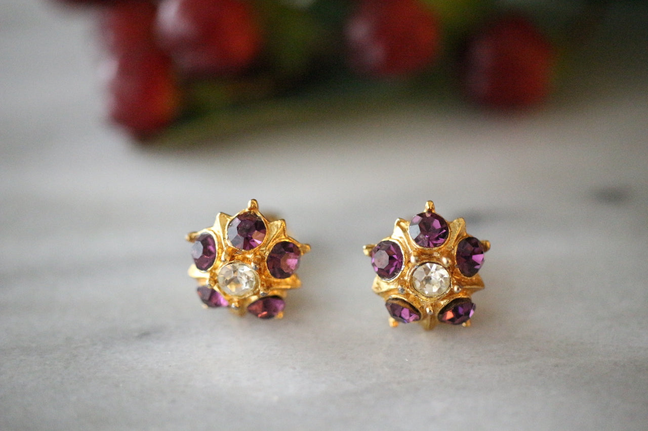 復古 1960 年代紫色閃亮水鑽鑽石花卉夾式耳環