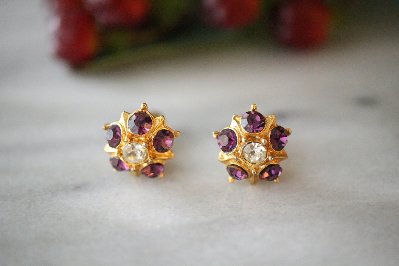 復古 1960 年代紫色閃亮水鑽鑽石花卉夾式耳環