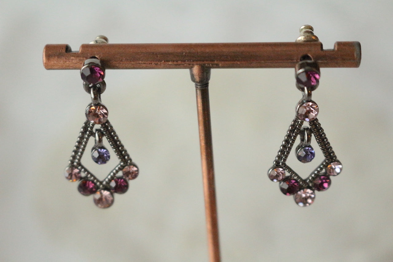 復古裝飾藝術風格紫色和粉色水鑽吊墜耳環