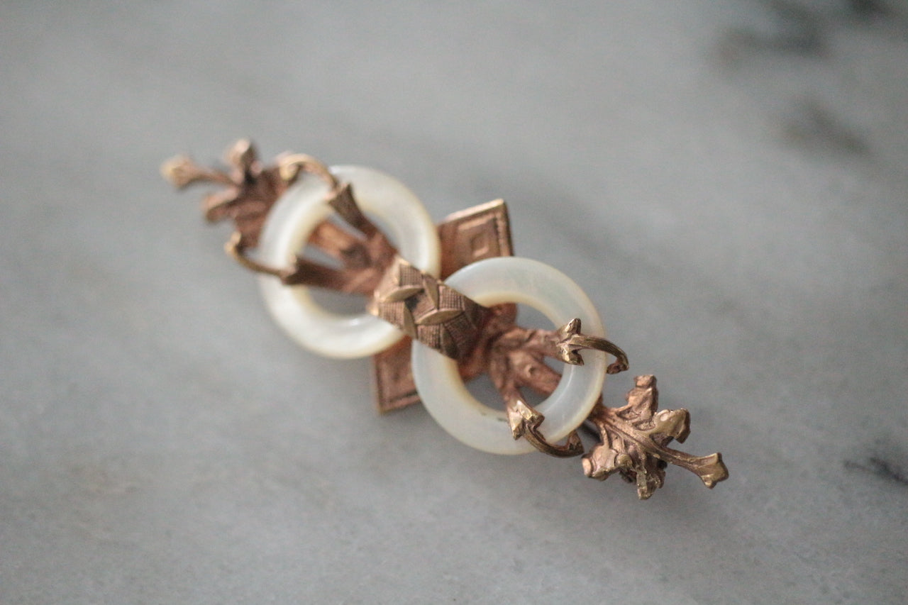 Antique Mother of Pearl &amp; Gold Brass Brooch